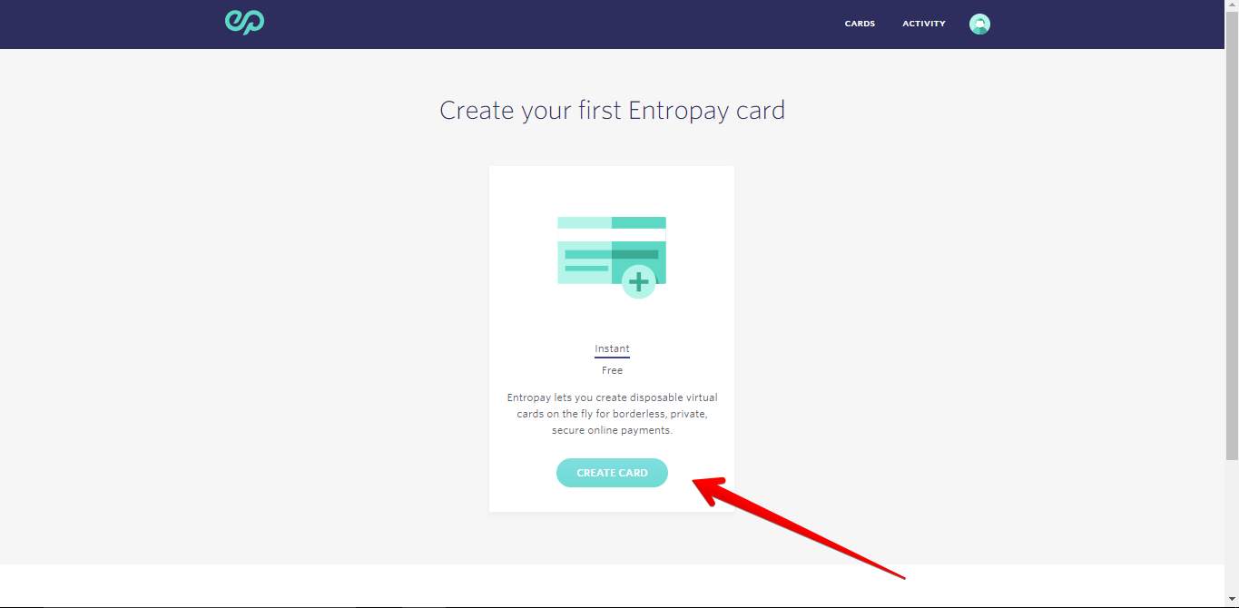 Entropay screenshot displaying card creation 1